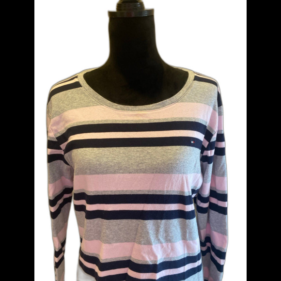 Tommy Hilfiger Top T Shirt Plus Size XL (but measures smaller) Striped Navy Pink - Picture 2 of 11